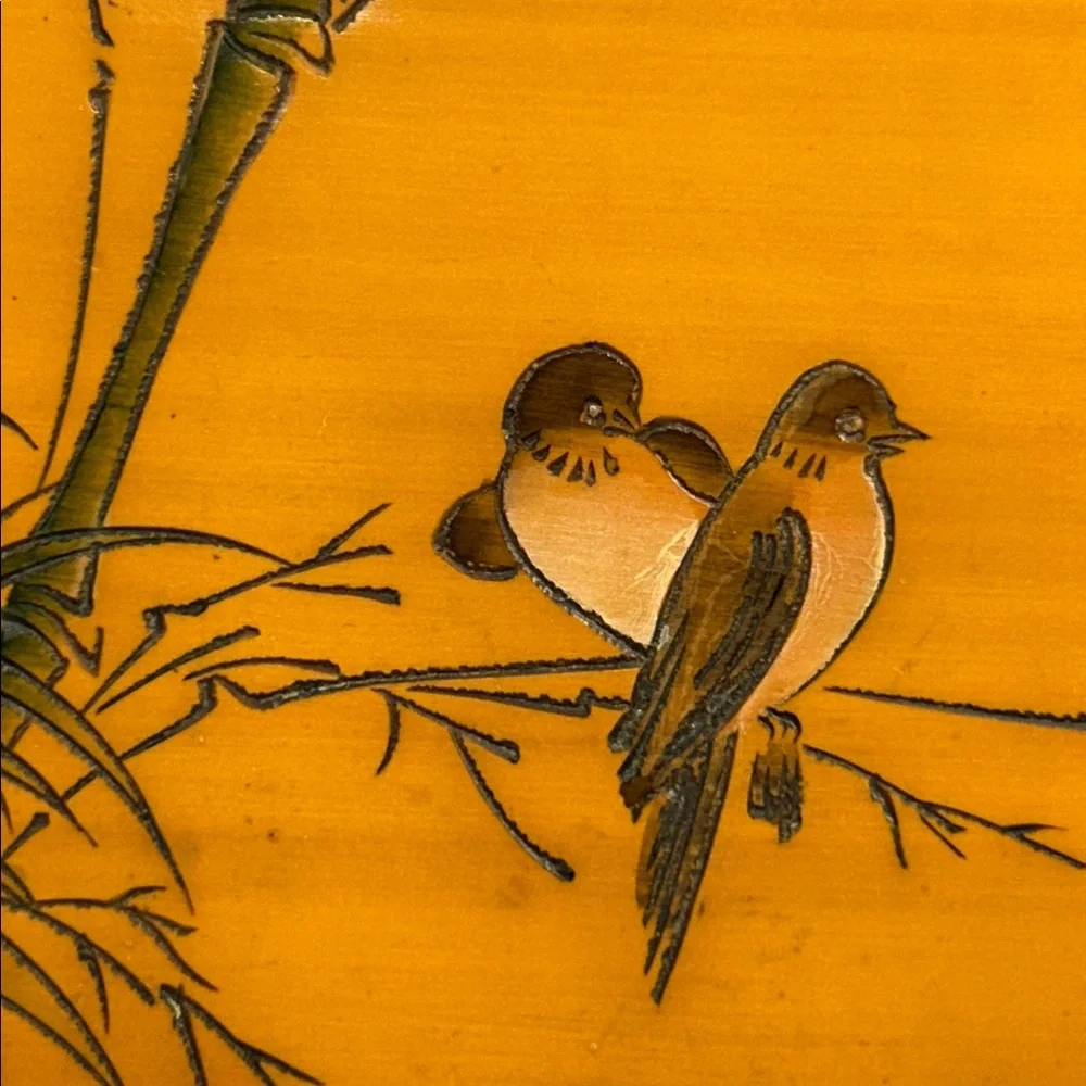 Vintage Jewelry wooden box with bamboo and birds hand painted